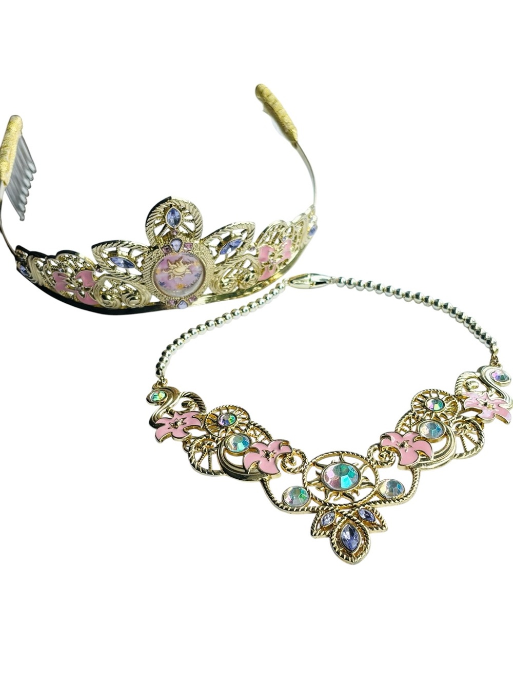 Disney Set Tangled Rapunzel Metal Tiara and Necklace Princess Pink Gold